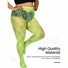 Floral Lace Plus Size Tights High Waist Velvet Pantyhose Sunflower Fishnet Stockings Leggings - 霓虹綠 - 查看 5