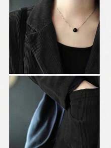 女士复古风蓝色竖条纹柔软丝绒宽松秋季西装外套，单排纽扣设计，版型宽松，如果您身材偏瘦，建议购买小一码。休闲百搭，春季必备。 - 黑色 - 查看 3