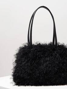 秋冬毛绒单肩包，女士工作包，毛皮钱包，节日派对礼服，复古包，优雅女士包，派对包，商务休闲女士，适合日常、通勤、工作、商务、派对、约会、郊游（图案随机） - 黑色 - 查看 4