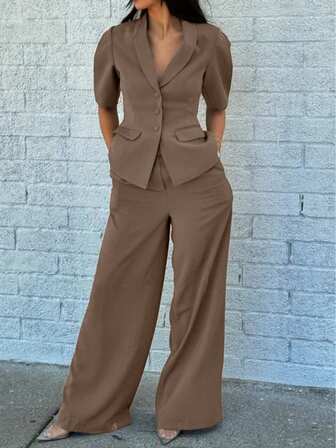 Women's Fashion Collared Short Sleeve Single-Breasted Wide Leg Pants Set, Solid Color Casual Summer Outfit