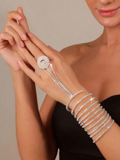 Multi-Layer Crystal Ring Finger Bracelet For Women's Cross-Border Hand Ring, Stage Costume Accessory, Performance Decoration, Jewelry, Shiny Full-Drill