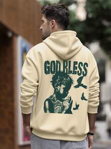 Zrgoth 男士连帽衫，美式街头风格宗教图案印花保暖套头卫衣，秋冬款 - 杏色 - 查看 2