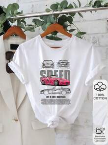 1PC 100% Cotton Speed Racetrack Graphic Letter Print Short Sleeve Women TShirt, Casual Style Lady Tee Top - Blanco - Ver 1