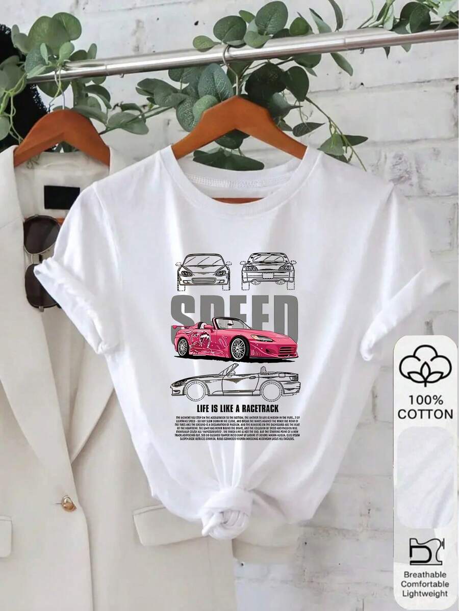 1PC 100% Cotton Speed Racetrack Graphic Letter Print Short Sleeve Women TShirt, Casual Style Lady Tee Top - Blanco - Ver 1