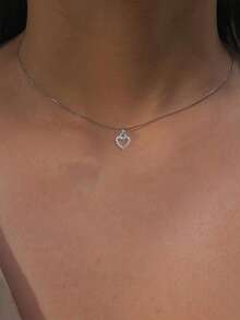 Tkool 1pc Women's Pendant Necklace, Minimalist Layered Design, Stainless Steel Cubic Zirconia Heart Pendant Necklace, Versatile Daily Wear & Gift Accessory - Silver - View 5