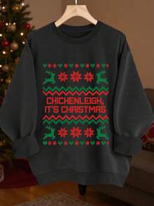 Suéter Navideño Para Mujer Con Estampado De Logo "Es Navidad" Chichenleigh - Diseños De Renos, Copos Y Acebo, Cuello Redondo Holgudo En Sweatshirt Largo Ideal Para Fiestas Festivas E Invierno Casual (Lavable A Máquina) - oscuro - Ver 1