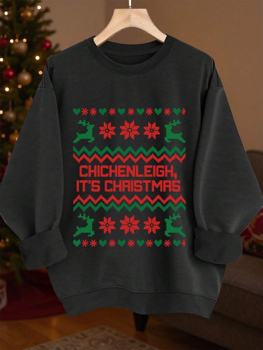 Suéter Navideño Para Mujer Con Estampado De Logo "Es Navidad" Chichenleigh - Diseños De Renos, Copos Y Acebo, Cuello Redondo Holgudo En Sweatshirt Largo Ideal Para Fiestas Festivas E Invierno Casual (Lavable A Máquina) - oscuro - Ver 1
