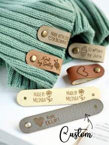 1pc Customized Knitted Faux Leather Label, Personalized Faux Leather Label With Rivet Snap, Customizable Name And Heart/Floral Pattern, Multi-Color Options, Suitable For Knitting, Handmade Or Crochet Items, Applicable For Beanies, Mother's Day Gifts, Father's Day Gifts, Friend Gifts, Handicrafts, Decorative Hanging Tags, Rivet Fixed Labels, Handmade Accessories, Creative Essentials - Multicolor - View 2