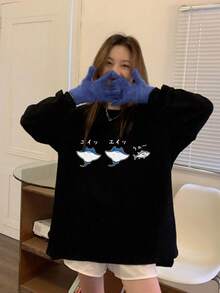 Women's Loose Fit Casual Letter, Ocean Animal & Cartoon Print Long Sleeve Cotton T-Shirt, Spring/Autumn