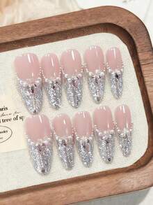10 Pcs Luxury Handmade Press On Nails Super Long Almond False Nails Full Drilling Design False Nails With 3 Pieces Tool Adhesive Nail Glue Tabs Suitable For Ladies And Girls To Attend Holiday Parties.When This Product Is Waving Your Fingertips, There May Be Flashes Falling. Please Be Careful.Wish You Happy Every Day.Makes Me More Motivated.Five-Star. Nail Supplies Nails