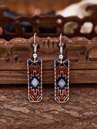 MONLOTTI 1pair Vintage Western Geometric Cross Pattern Totem Dripping Oil Famous Earrings, Bronze Bohemian Earrings. Women's Daily Party Wear, Gifts