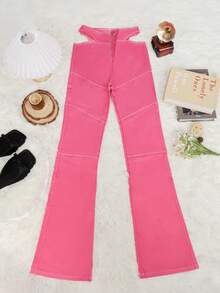 Apperloth A Seam Detail Cut Out Zip Fly Pu Leather Flare Pants