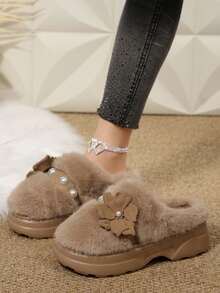 Women's Cute Shoe Decor Casual Slip-On Flat Slippers, Autumn/Winter - Khaki - View 2
