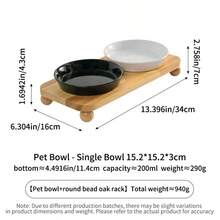 Minimalist Design Slanted Round Plate With Wooden Bowl Stand, Anti-Spill, Ceramic Pet Bowl, Cat Bowl, Dog Bowl, Rimmed Feeding Tray, Ceramic Pet Cat Bowl, Dog Basin, Water Bowl, Elevated Anti-Spill Bowl