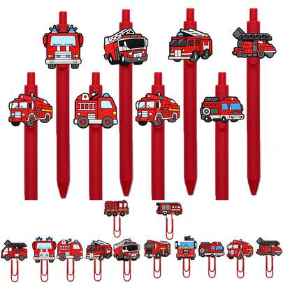 10pcs Creative Fire Truck Pens, Car Pens, Various Cartoon Vehicle Stickers, PVC Stickers, DIY Fun Push-Button Ball Pens, Cartoon Bookmarks, New Colorful Paper Clips, Creative Office Supplies, 0.5mm Black Retractable Plastic Ballpoint Pens, Back To School Small Gifts, Office Supplies, Writing Tools