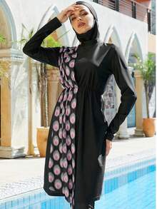 VFJ 三件套穆斯林女士泳装，伊斯兰保守泳装，含全包头巾、长袖上衣、连衣裙和裤子 - 灰色 - 查看 2