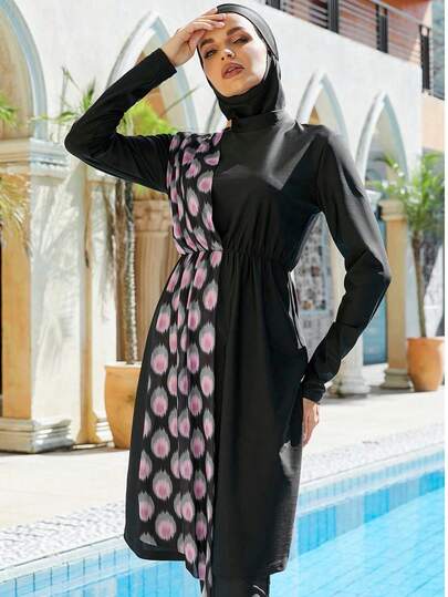 VFJ 3 st muslimska kvinnor baddräkt islamisk konservativ baddräkt, heltäckande huvudduk, långärmad blus + klänning + byxor