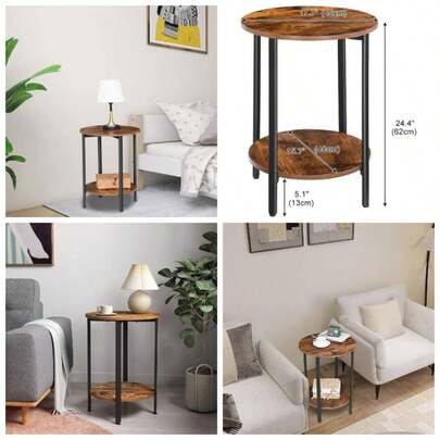 2 - Tier Round Side Table, Black Metal Tray End Table, Anti - Rust And Waterproof Snack Table Coffee Table, Nightstand Sofa Tables With Metal Tray Liv