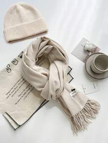 FADZOYLE 1pc/2pcs Hat & Scarf Set Solid Color Scarf Large Size Cashmere Feel Wraps Shawl For Dress Wedding And Gift Evening Dresses Travel Office, Fall Winter All Season Solid Color Knit Cuffed Beanie Hat Knitted Caps Soft Snug Outdoor Daily Use Gift Snow Ski Running Accessories