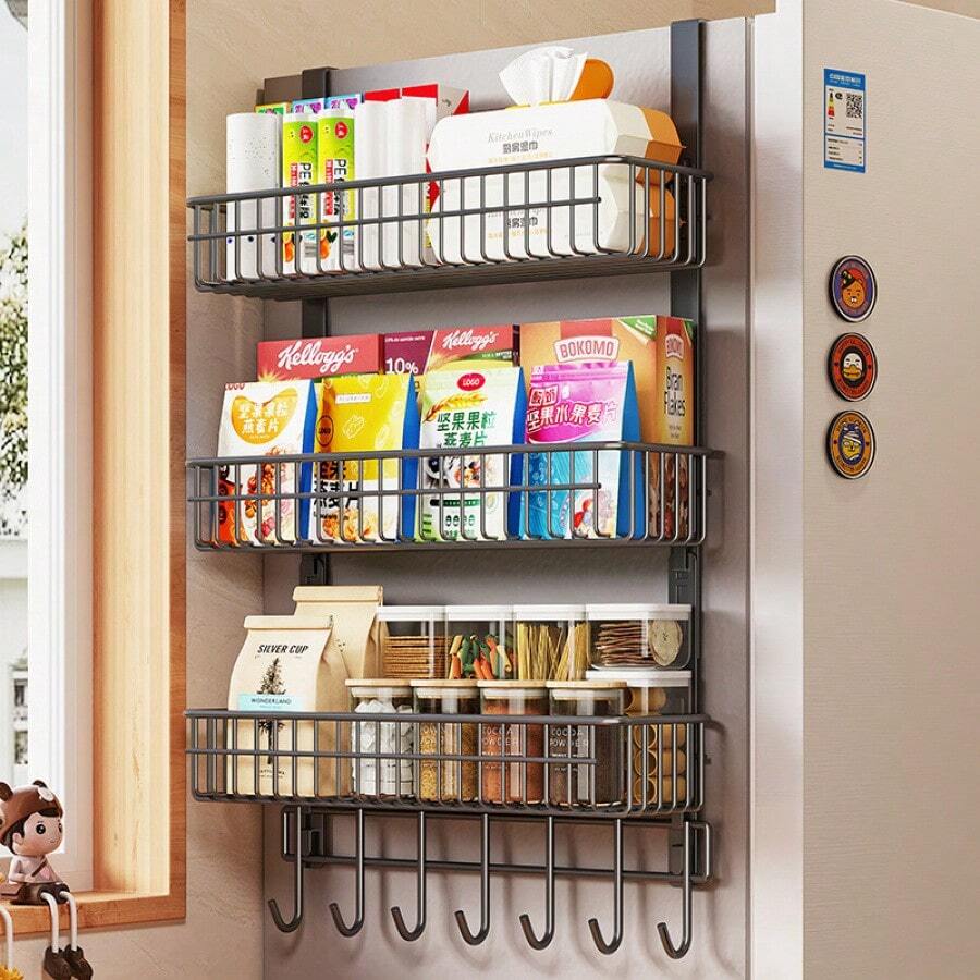 Multi-Functional Kitchen Storage Rack, Spice Organizer, Fridge Side Hanging Shelf, Multi-Layer Refrigerator Rack