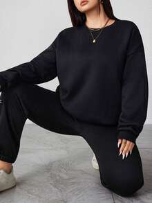 Conjunto de 2 peças plus size para mulheres, casual, esportivo - malha elástica de lã, moletom plus size, calça de moletom plus size, calças plus size femininas, bolsos e cordão, cós elástico, conjunto plus size de 2 peças, lavável à máquina, lã, confortável, conjunto plus size, calças plus size - Preto - Ver 2