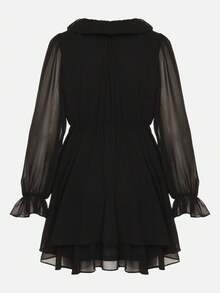 Flared Dress With Ruffles And Mesh Sleeves - Black - View 7