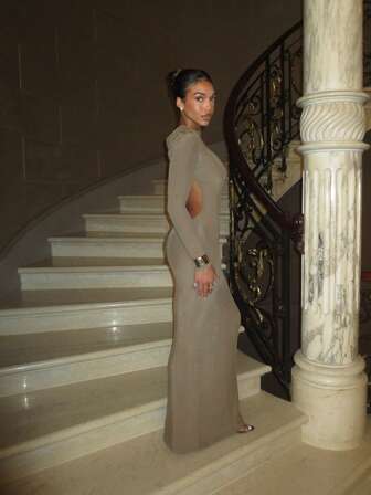 女士纯色优雅露背系带连衣裙，适合派对、度假、海滩、假日、正式场合、秋季