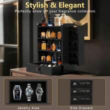 Cologne Organizer For Men, Adjustable Perfume Stand, Large Standing Cologne Stand With Flocking Drawers And Hidden Side Drawers, Perfume Holder, Perfume Display, Great Gift For Man - Đen - Dọc - Xem 3