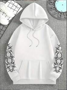 Men's Autumn/Winter Hoodie, Fashionable Street Style Art Punk Goth Punk Street Wear Angel & Thorn Barbed Wire Graphic Print Fleece Pullover Sweatshirt, Long Sleeve Top - White - View 6