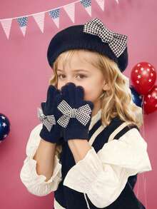 2pcs/Set Houndstooth Bow Knit Beret Hat & Faux Fur Lined Gloves Set, Fashionable, Vintage, Comfortable, Thin, Suitable For Early Winter, Girls & Toddlers, Black