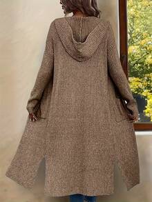 2025 New Autumn Double Pocket Slit Hem Hooded Knit Cardigan Long Sleeve Sweater For Women, Versatile Casual Top - Brown - View 2