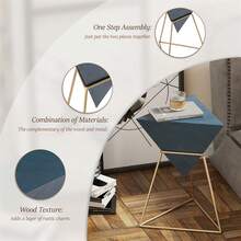 COZAYH Modern Geometric End Table With Wooden Top And Metal Base, Unique Pyramid Side Table Plant Stand For Office, Living Room, Bedroom, Triangle, Dark Blue - 深藍色與金色 - 查看 4
