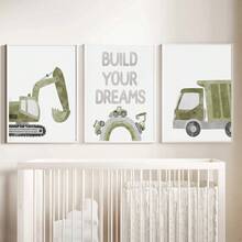 3er-Set Wandkunst mit Fahrzeug-Motiven, Transportthema, Traumwelt-Raumfahrt, Kinderzimmer Wandkunst LKW-Thema, Jungen-Kinderzimmer Dekoration, grüne Kinderraum Kunst, gerahmte Wandkunst für Wohnzimmer, dekorative Kunst, Raumdekoration, Heimdekoration, Wanddekoration, Badezimmerdekoration