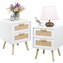 Bedside Tables Set Of 2, Side Table With 2 Hand Made Rattan Decorated Drawers, Night Stand Set 2, Wood Nigntstand, End Table With Storage Bedroom, Natural, 2 Pack - White - View 2