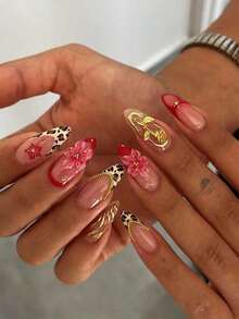 24Pcs/Set Almond-Shaped French Elegant 3D Ocean Style Starfish Waterdrop Flower Decor Full Coverage Press-On Nails With 1Pc Jelly Gel And 1Pc Nail File, Perfect For Romantic Daily Date Looks Nail Supplies Nails - 多色 19 - 查看 2