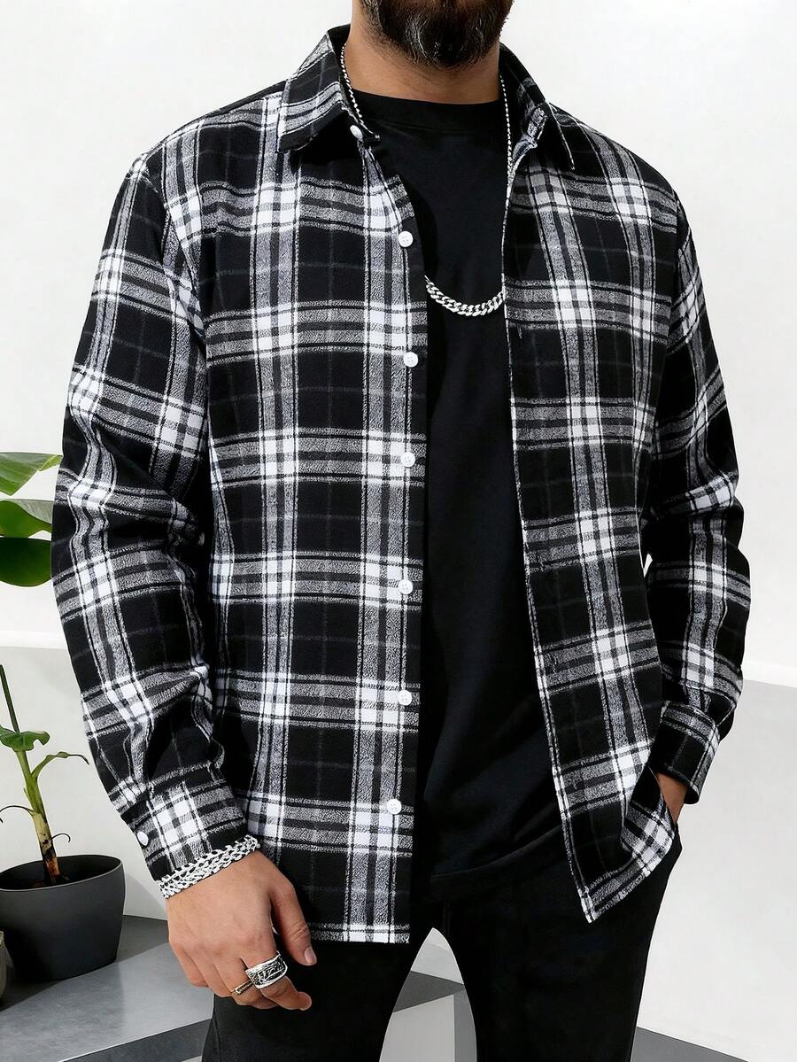 男士长袖格子羊毛衬衫，商务休闲，新款黑白，秋冬 - 黑與白 - 查看 1