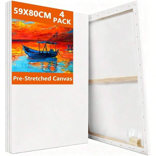 Stretched Canvas Painting, 4 Packs 59x80cm Large Canvases, 280GSM Stretched Wooden Canvas Frames Acrylic Oil Watercolor, Artist Beginner