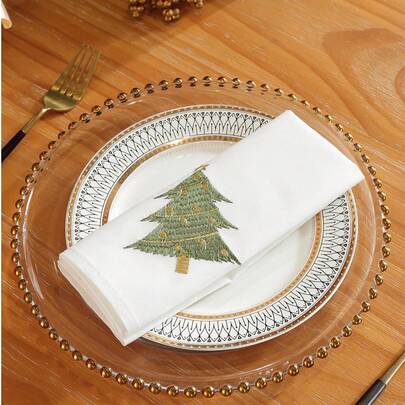 100% 涤纶面料，刺绣圣诞餐巾，绿色和金色松树图案，适用于圣诞节家居装饰，高端精致刺绣工艺，适合清洁污垢和油污，方形厨房布，餐桌，书桌，梳妆台，家居装饰，客厅，卧室，庭院，室内和室外，露营，别墅，节日，聚会，橱柜，家庭聚会，节日装饰，餐厅，派对和婚礼装饰，1 件/2 件/4 件餐巾