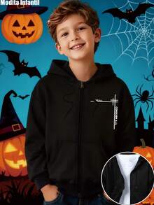 KID005/Chaqueta con capucha para niñosRopa infantil con capucha para Halloween, con cremallera, diseñada para un look festivo y cómodo, perfecta para los niños a la hora de disfrutar de las fiestas del 31 de octubre - Negro - Ver 1