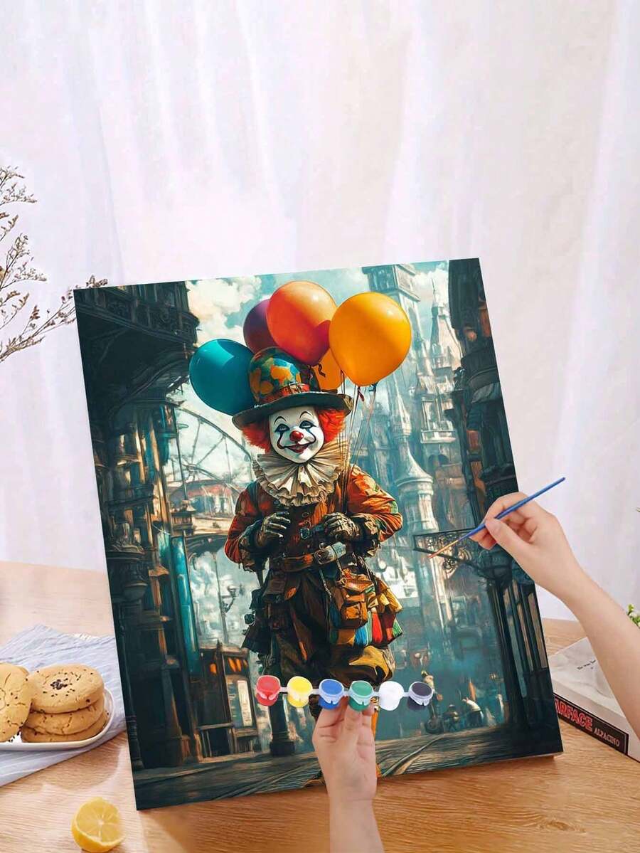 1 Set Beginner DIY Adult Number Painting Kit - Includes Paints, Canvas, Brushes And Instructions | Steampunk Clown With Balloons Painting | 40x50cm/15.7x20in Frameless For Home Decor, Family Activity, Father's Day, Mother's Day, Holiday Gift - 彩色 - 查看 1