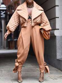 Valentine's Day, Date Night Outfit, Gifts For Her Magic Mia Women's Winter Quilted Cropped Jacket - Lapel Collar Short Puffer Coat With Diamond Pattern |  Fall Winter Outerwear For Casual Street Style & Daily Warmth - Màu Khaki - Xem 2