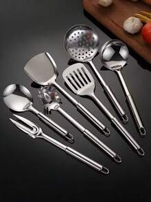 7/9 Pcs Cooking Utensils Set, Stainless Steel Kitchen Utensils, Heat Resistant Metal Kitchen Tools Include Solid & Slotted Turner Wok Spatula, Serving Spoon, Ergonomic Handle, Easy To Clean