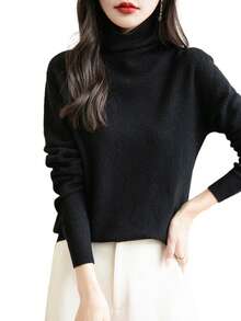 Women's 100% Merino Wool Seamless Turtleneck Long Sleeve Knit Sweater - Black - View 6
