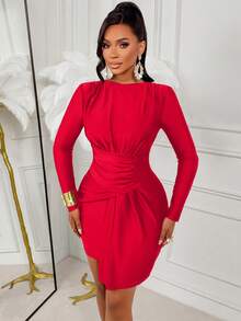 AIJ Amarilo Women's Autumn/Winter Fashionable Sexy Party Mini Dress, Round Neck, Long Sleeve, Padded Shoulder, Waist Ruffle, Asymmetric Patchwork Design - Red - View 6