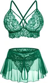 Sexy Women's 3 Piece Lace Bralette, Mini Skirt With G-String Crotchless Lingerie Set -  2025 Style - Màu Hồng Tươi - Xem 6
