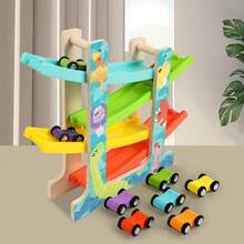 Holz Autorennbahn Spielzeug für Kleinkinder, Autorennstrecke Spielzeug mit 6 Mini Autos, Montessori Spielzeug für Kleinkinder, perfektes Geschenk für Jungen und Mädchen, Halloween/Weihnachtsgeschenk! - Eisenbahnwaggon aus Holz - Übersicht 8