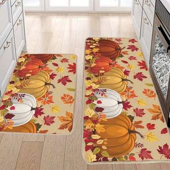 1 件舒适的南瓜和枫叶厨房垫 - 柔软防滑涤纶垫，带有秋收图案，适合室内/室外使用，非常适合厨房、餐厅、农舍和节日装饰（圣诞节、感恩节）、室内外垫 | 季节性入口地毯、厨房地垫、圣诞装饰