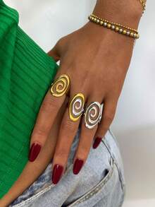 3pcs/1pc Vintage Geometric Spiral Stainless Steel Open Ring, Summer Women's Jewelry, Beach Accessories, Suitable For Daily Wear