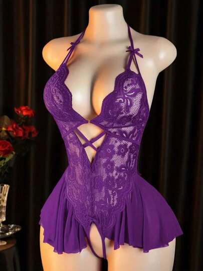 Sexy Lingerie, Open Crotch Design, Floral Lace Patchwork With Ruffle Trim Elegant Ladies Teddy, Bedroom Seduction Outfit