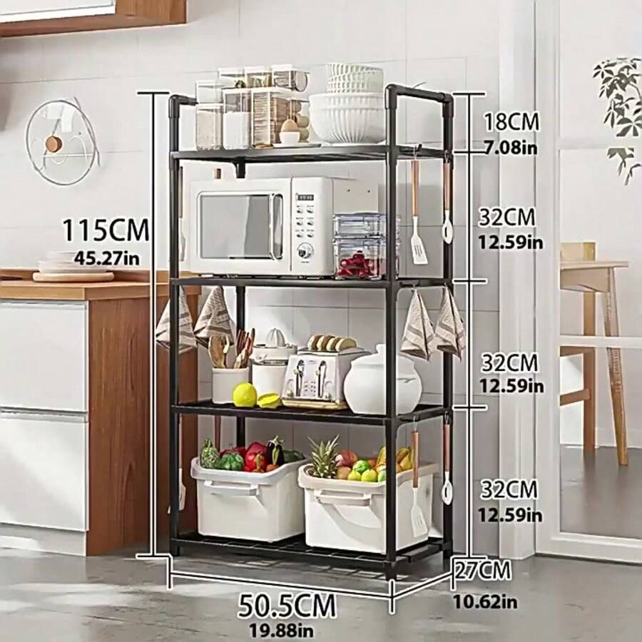 1 件套厨房储物架，多层台面收纳架，适用于微波炉、烤箱、电饭煲、水果蔬菜、小家电，带扶手和挂钩，2-5 层，黑色/白色可选